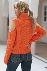 Cold Shoulder Textured Turtleneck Sweater - SHE BADDY© ONLINE WOMEN FASHION & CLOTHING STORE