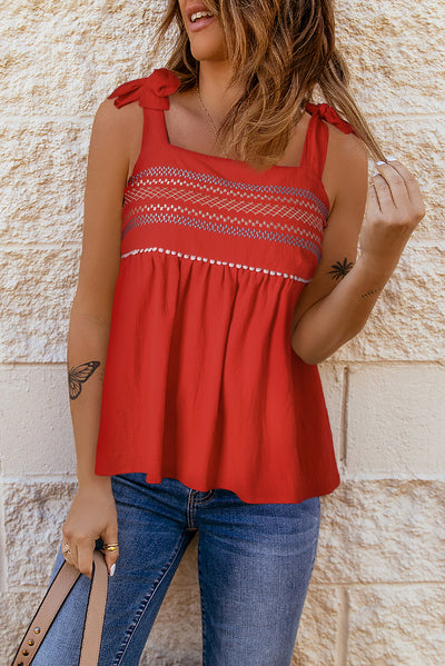 Embroidered Tie-Shoulder Babydoll Tank - SHE BADDY© ONLINE WOMEN FASHION & CLOTHING STORE