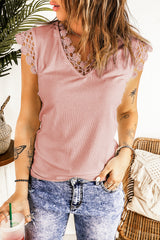 Lace Trim V-Neck Capped Sleeve Top - SHE BADDY© ONLINE WOMEN FASHION & CLOTHING STORE