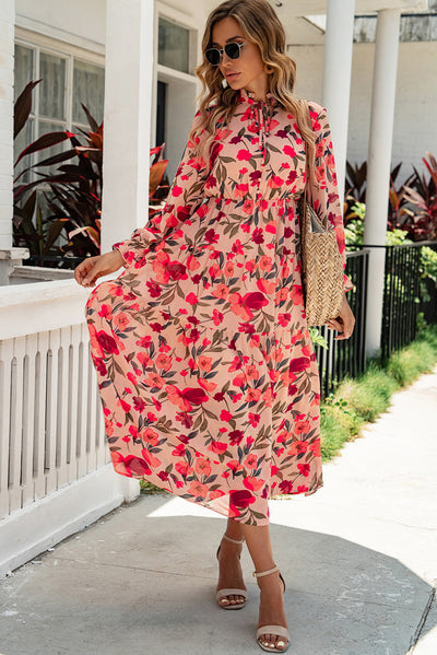 Floral Tie Neck Flounce Sleeve Tiered Dress - SHE BADDY© ONLINE WOMEN FASHION & CLOTHING STORE