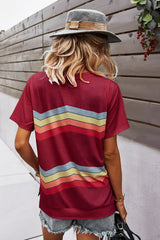 Multicolored Chevron Stripe Round Neck Side Slit T-Shirt - SHE BADDY© ONLINE WOMEN FASHION & CLOTHING STORE