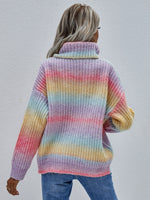 Rainbow Rib-Knit Turtleneck Drop Shoulder Sweater - SHE BADDY© ONLINE WOMEN FASHION & CLOTHING STORE