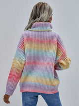 Rainbow Rib-Knit Turtleneck Drop Shoulder Sweater - SHE BADDY© ONLINE WOMEN FASHION & CLOTHING STORE