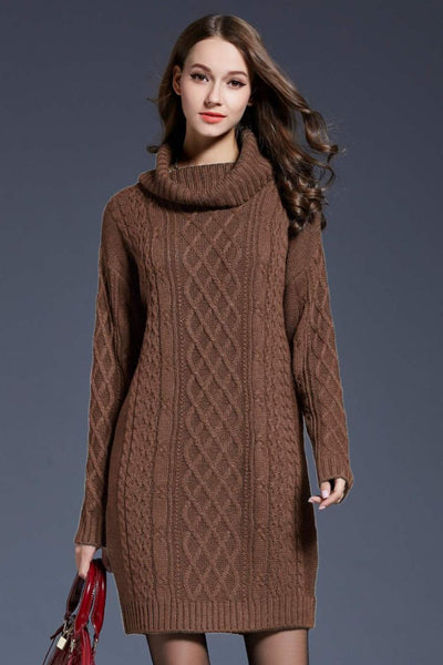 Full Size Mixed Knit Cowl Neck Dropped Shoulder Sweater Dress - SHE BADDY© ONLINE WOMEN FASHION & CLOTHING STORE