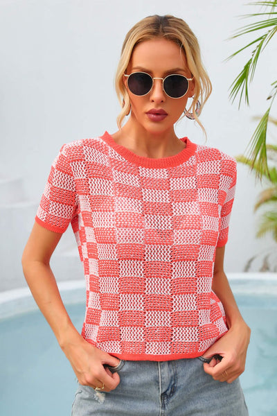 Checkered Short Sleeve Knit Top - SHE BADDY© ONLINE WOMEN FASHION & CLOTHING STORE