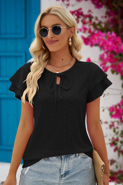 Eyelet Tie-Neck Flutter Sleeve Blouse - SHE BADDY© ONLINE WOMEN FASHION & CLOTHING STORE