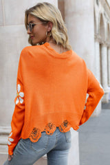 Flower Distressed Ribbed Trim Sweater - SHE BADDY© ONLINE WOMEN FASHION & CLOTHING STORE
