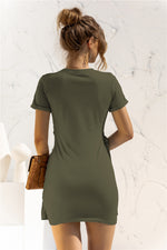Round Neck Cuffed Sleeve Side Tie Dress - SHE BADDY© ONLINE WOMEN FASHION & CLOTHING STORE