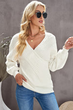 Ribbed Puff Sleeve Surplice Sweater - SHE BADDY© ONLINE WOMEN FASHION & CLOTHING STORE