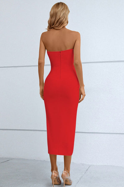 Cutout Strapless Drawstring Detail Split Bandage Dress - SHE BADDY© ONLINE WOMEN FASHION & CLOTHING STORE