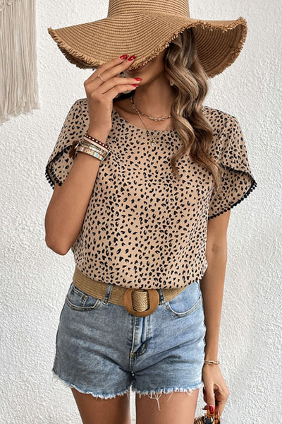 Printed Pom Pom Detail Petal Sleeve Round Neck Blouse - SHE BADDY© ONLINE WOMEN FASHION & CLOTHING STORE