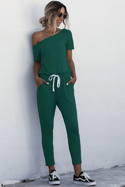 Asymmetrical Neck Tied Jumpsuit with Pockets - SHE BADDY© ONLINE WOMEN FASHION & CLOTHING STORE