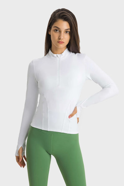 Half Zip Thumbhole Sleeve Sports Top - SHE BADDY© ONLINE WOMEN FASHION & CLOTHING STORE