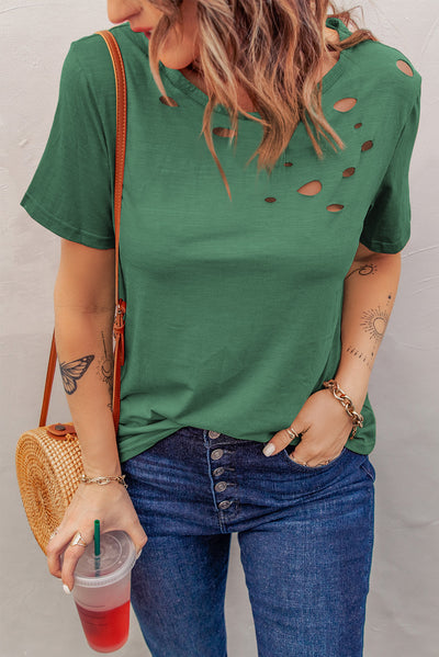 Distressed Short Sleeve Round Neck Tee - SHE BADDY© ONLINE WOMEN FASHION & CLOTHING STORE