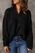 Half Zip Rib-Knit Dropped Shoulder Sweater - SHE BADDY© ONLINE WOMEN FASHION & CLOTHING STORE
