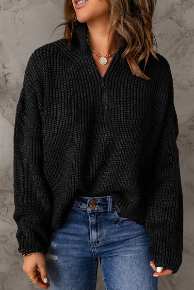 Half Zip Rib-Knit Dropped Shoulder Sweater - SHE BADDY© ONLINE WOMEN FASHION & CLOTHING STORE