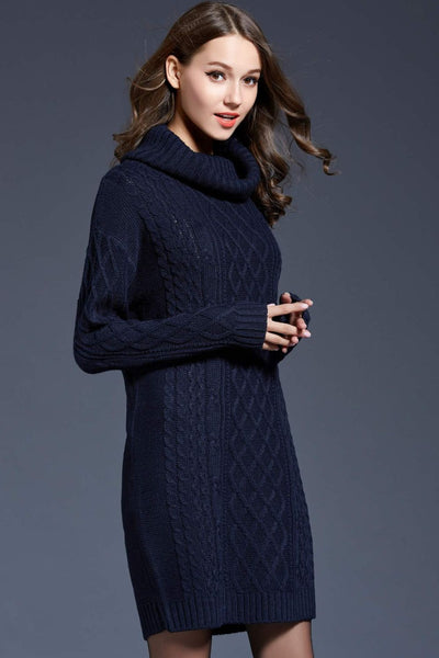 Full Size Mixed Knit Cowl Neck Dropped Shoulder Sweater Dress - SHE BADDY© ONLINE WOMEN FASHION & CLOTHING STORE