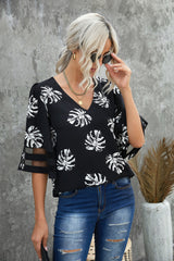 Botanical Print V-Neck Puff Sleeve Blouse - SHE BADDY© ONLINE WOMEN FASHION & CLOTHING STORE