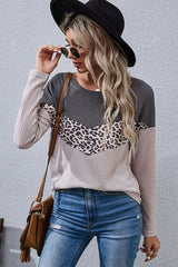Leopard Color Block Waffle-Knit Long Sleeve Top - SHE BADDY© ONLINE WOMEN FASHION & CLOTHING STORE