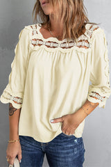 Crochet Openwork Three-Quarter Sleeve Blouse - SHE BADDY© ONLINE WOMEN FASHION & CLOTHING STORE