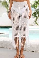 Fringe Hem Drawstring Waist Openwork Skirt - SHE BADDY© ONLINE WOMEN FASHION & CLOTHING STORE