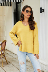 Drop Shoulder V-Neck Knit Pullover - SHE BADDY© ONLINE WOMEN FASHION & CLOTHING STORE