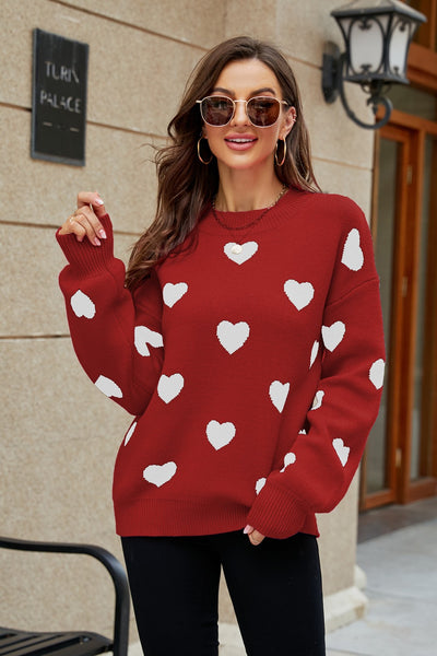 Heart Pattern Lantern Sleeve Round Neck Tunic Sweater - SHE BADDY© ONLINE WOMEN FASHION & CLOTHING STORE
