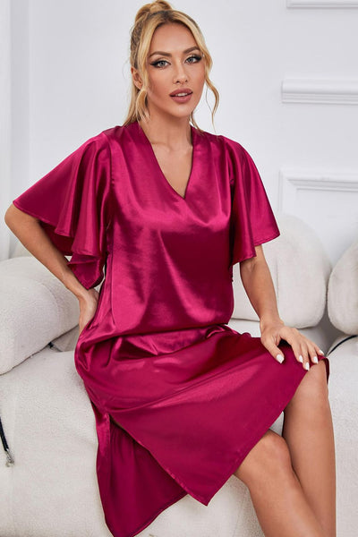 Satin Flutter Sleeve Side Slit V-Neck Night Dress - SHE BADDY© ONLINE WOMEN FASHION & CLOTHING STORE