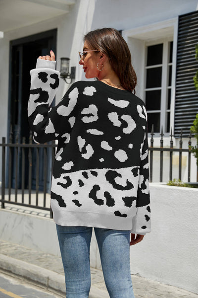 Leopard Ribbed Trim Dropped Shoulder Sweater - SHE BADDY© ONLINE WOMEN FASHION & CLOTHING STORE