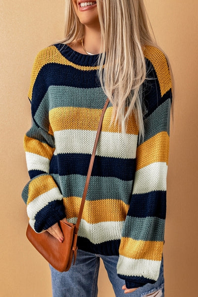 Striped Dropped Shoulder Knitted Pullover Sweater - SHE BADDY© ONLINE WOMEN FASHION & CLOTHING STORE