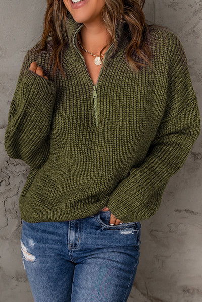 Half Zip Rib-Knit Dropped Shoulder Sweater - SHE BADDY© ONLINE WOMEN FASHION & CLOTHING STORE