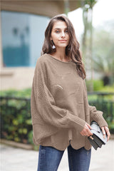 Openwork Boat Neck Sweater with Scalloped Hem - SHE BADDY© ONLINE WOMEN FASHION & CLOTHING STORE