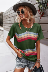 Multicolored Chevron Stripe Round Neck Side Slit T-Shirt - SHE BADDY© ONLINE WOMEN FASHION & CLOTHING STORE