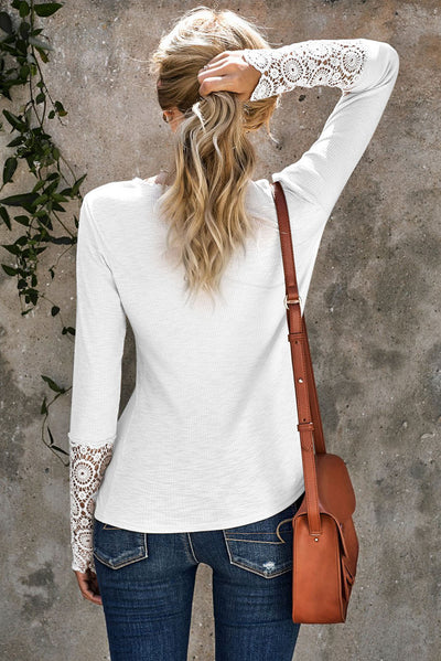 Crochet Lace Hem Sleeve Button Top - SHE BADDY© ONLINE WOMEN FASHION & CLOTHING STORE