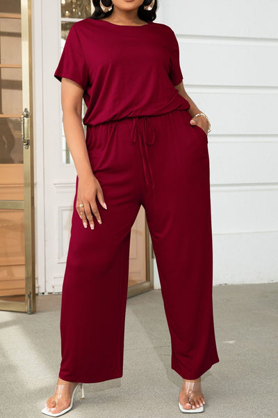 Plus Size Drawstring Waist Short Sleeve Jumpsuit - SHE BADDY© ONLINE WOMEN FASHION & CLOTHING STORE