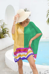 Contrast Scoop Neck Openwork Half Sleeve Cover Up - SHE BADDY© ONLINE WOMEN FASHION & CLOTHING STORE