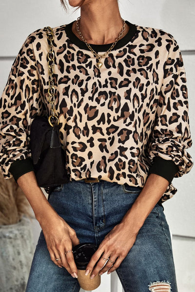 Leopard Round Neck Dropped Shoulder Sweatshirt - SHE BADDY© ONLINE WOMEN FASHION & CLOTHING STORE