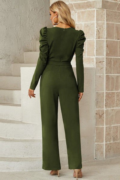 Belted Long Puff Sleeve V-Neck Jumpsuit - SHE BADDY© ONLINE WOMEN FASHION & CLOTHING STORE