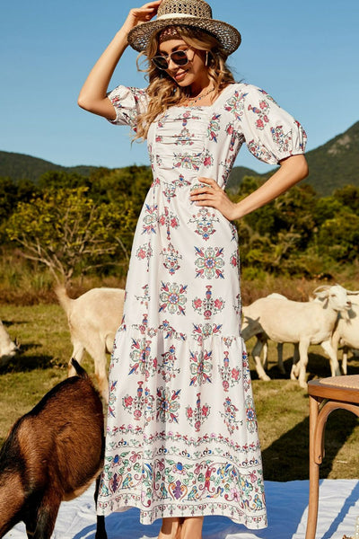 Floral Ruched Puff Sleeve Tiered Maxi Dress - SHE BADDY© ONLINE WOMEN FASHION & CLOTHING STORE