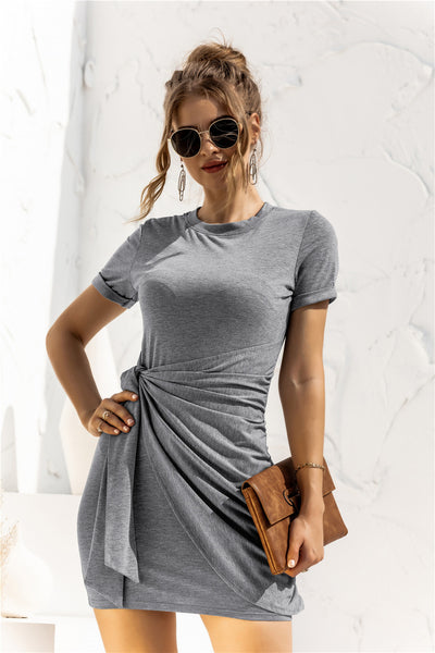 Round Neck Cuffed Sleeve Side Tie Dress - SHE BADDY© ONLINE WOMEN FASHION & CLOTHING STORE