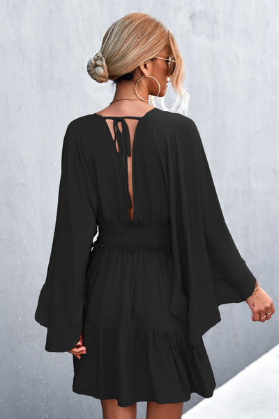Decorative Button Smocked Waist Surplice Dress - SHE BADDY© ONLINE WOMEN FASHION & CLOTHING STORE