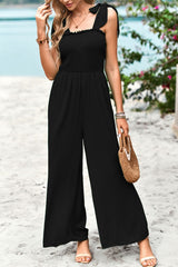 Frill Trim Tie Shoulder Wide Leg Jumpsuit with Pockets - SHE BADDY© ONLINE WOMEN FASHION & CLOTHING STORE