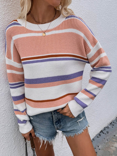 Striped Drop Shoulder Round Neck Pullover Sweater - SHE BADDY© ONLINE WOMEN FASHION & CLOTHING STORE