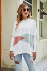 Color Block Round Neck Side Slit Sweater - SHE BADDY© ONLINE WOMEN FASHION & CLOTHING STORE