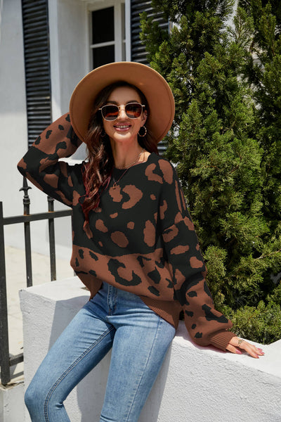 Leopard Ribbed Trim Dropped Shoulder Sweater - SHE BADDY© ONLINE WOMEN FASHION & CLOTHING STORE