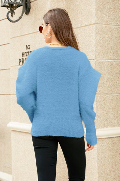 Puff Sleeve V-Neck Fuzzy Cardigan - SHE BADDY© ONLINE WOMEN FASHION & CLOTHING STORE