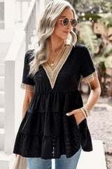 Contrast Short Sleeve Tiered Blouse - SHE BADDY© ONLINE WOMEN FASHION & CLOTHING STORE