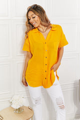 Zenana Full Size Summer Breeze Gauze Short Sleeve Shirt in Mustard - SHE BADDY© ONLINE WOMEN FASHION & CLOTHING STORE