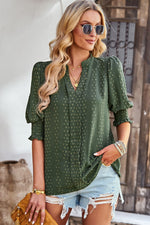 Textured Notched Neck Puff Sleeve Blouse - SHE BADDY© ONLINE WOMEN FASHION & CLOTHING STORE