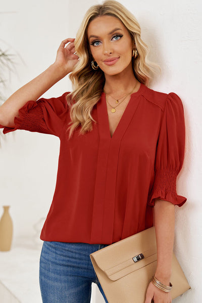 Smocked Flounce Sleeve Notched Neck Blouse - SHE BADDY© ONLINE WOMEN FASHION & CLOTHING STORE